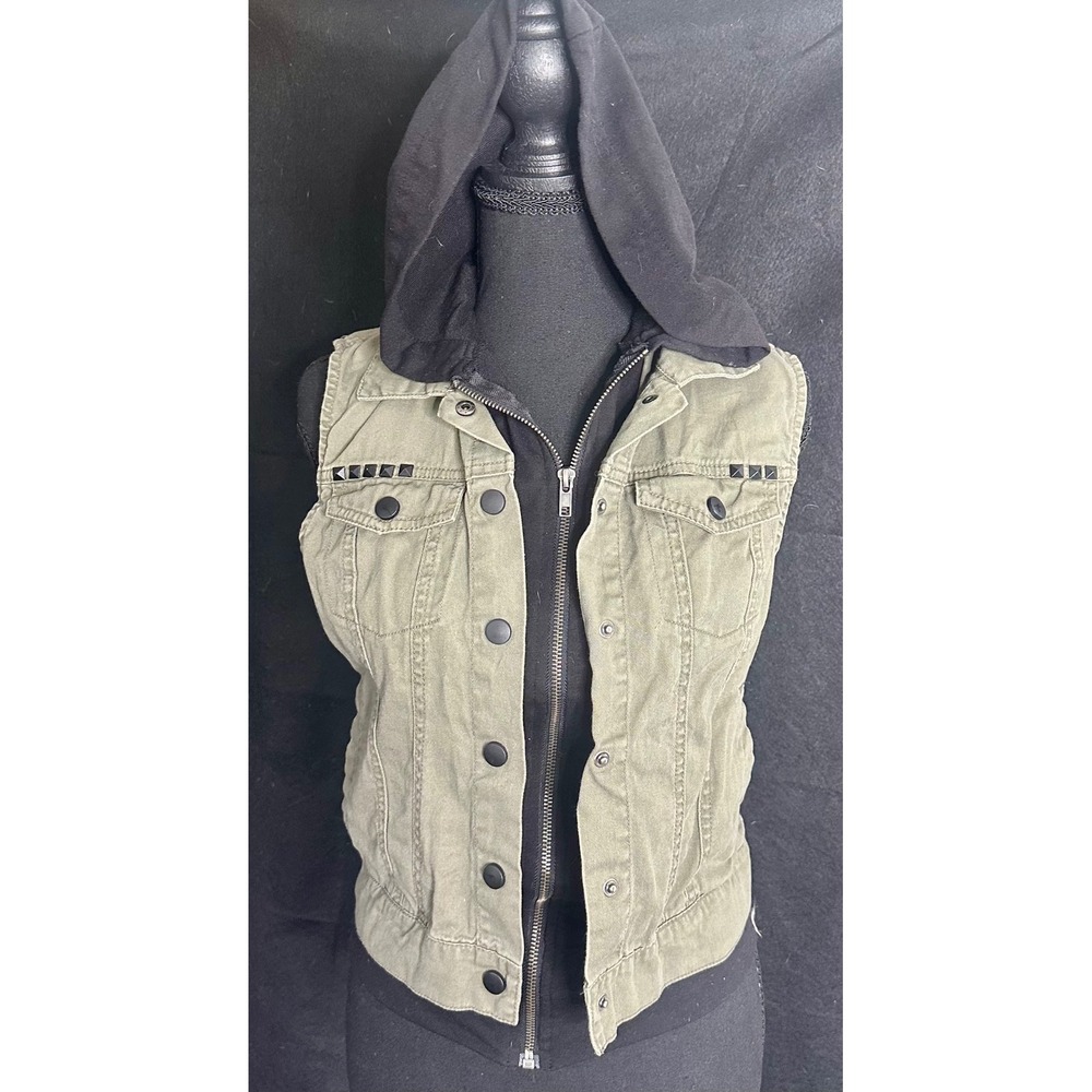 Olive Green Studded Denim Hooded Vest Womens Small Zip Front Jacket grunge Y2K